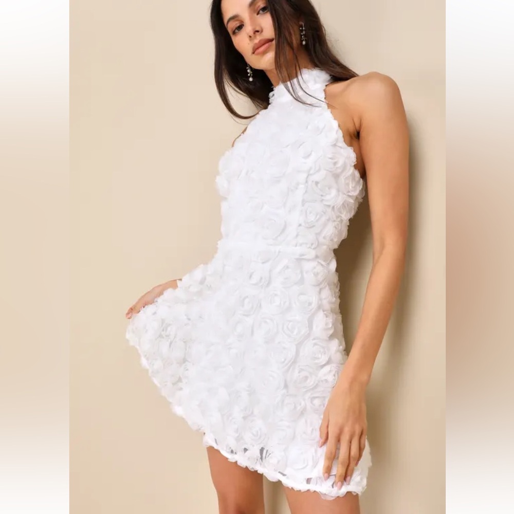 Lulu's White Floral Rosette Halter Dress